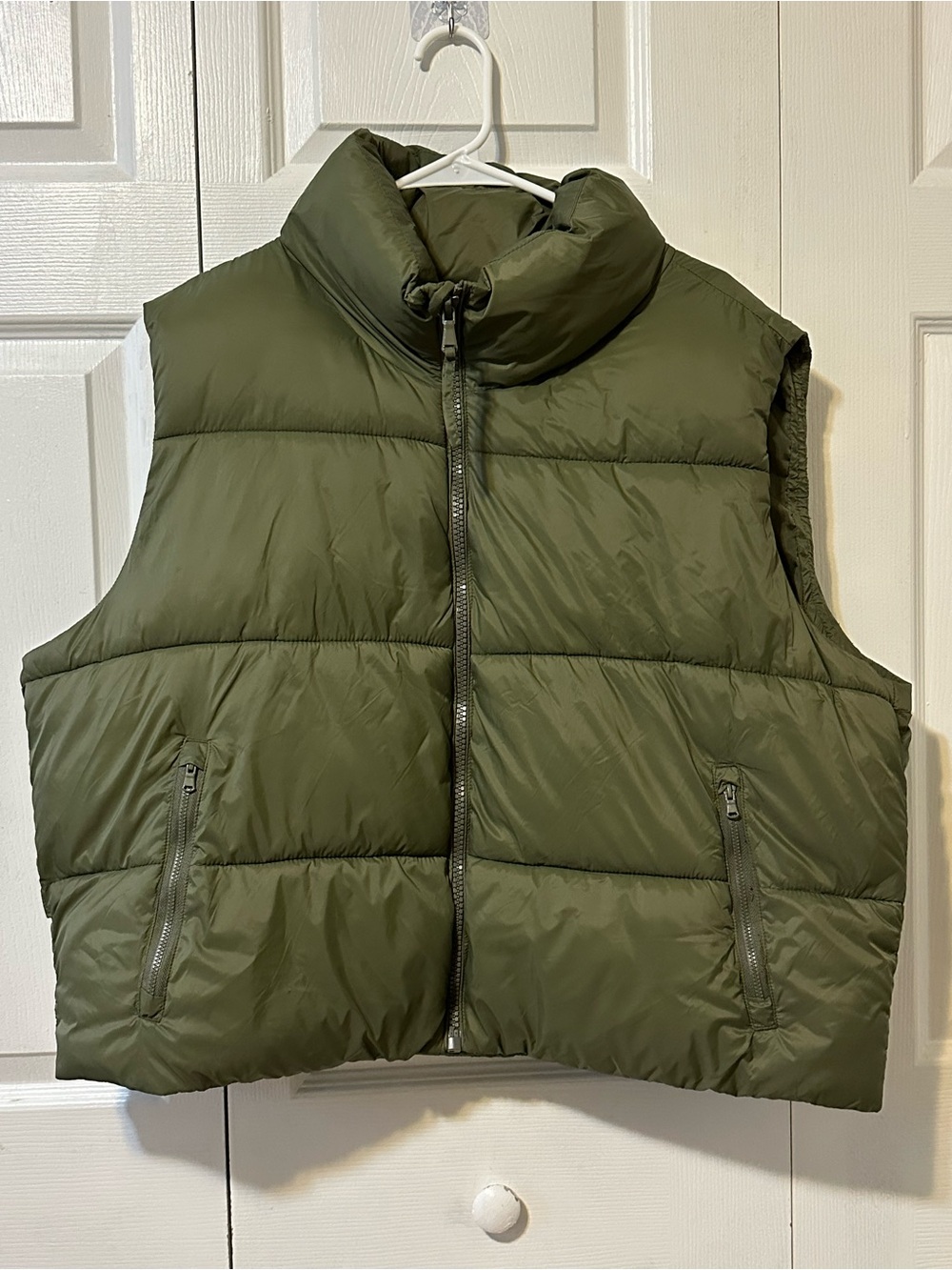 Old Navy Olive Green Water Resistant Puffer Vest With Adjustable Waist String